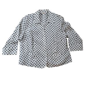 Talbots Woman Linen Blouse Size 18W Black White Polka Dot Long Sleeve